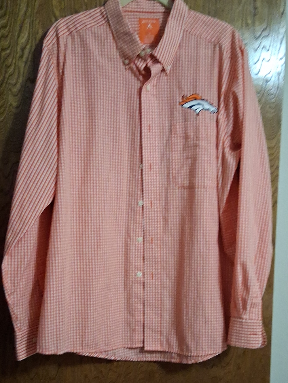 Men's Orange Gingham Button-Down Dress Shirt with Denver Broncos Team Logo